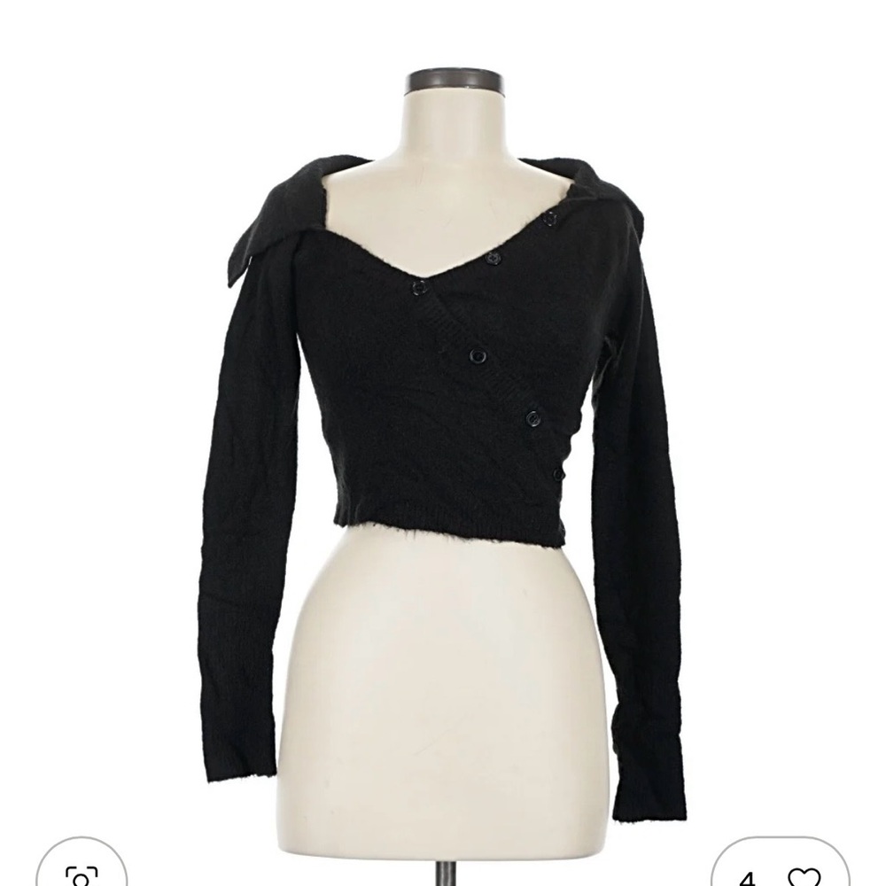 Black Womens Cropped Button-Front Sweater